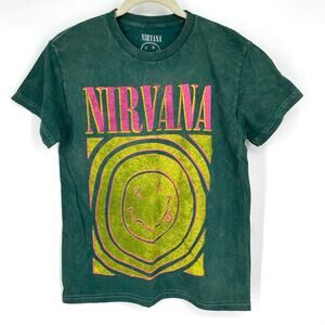 Officially Licensed Nirvana Smiley Face Tee Green Acid Wash Small